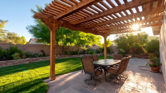 Wooden pergola patio backyard green lawn sunlight outdoor living space residential design