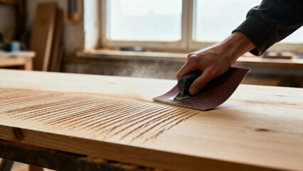 A person sanding a wooden surface in a workshop