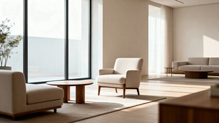 Modern minimalist living room with neutral furniture, large windows, and natural light
