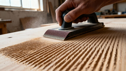 Hand sanding a wooden surface with a sanding block in a workshop