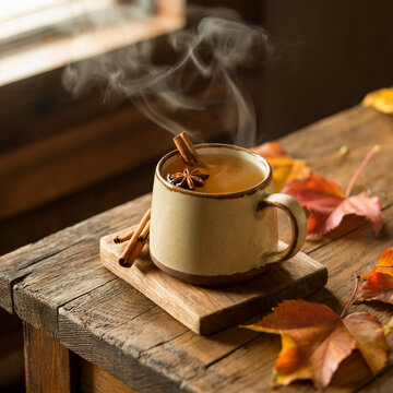 El elixir del oto&ntilde;o: Una taza de sidra de manzana humeante con canela y an&iacute;s estrella sobre madera r&uacute;stica