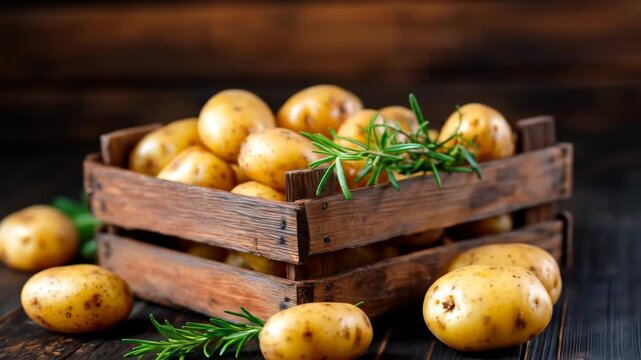Fresh raw potatoes in wooden crate with rosemary herbs on rustic dark wooden table harvest vegetable food ingredient cooking ingredient