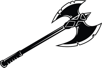 “Detailed fantasy double-bladed battle axe vector illustration, sharp ornamental weapon design for gaming, medieval art, digital concept graphics, black silhouette style, high-quality artwork”