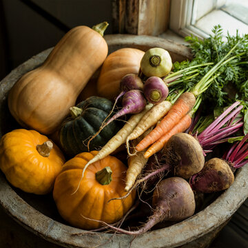 La riqueza de la cosecha: Un cuenco de madera repleto de vegetales de ra&iacute;z y calabazas de oto&ntilde;o frescas