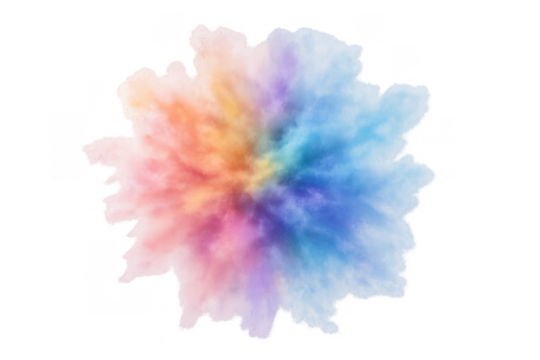 Vibrant exploding color powder creating smoke and abstract rainbow patterns on a transparent background