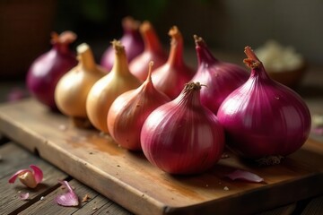 Aromatic Bulbs on Rustic Wooden Board Fresh Harvest of Red and Yellow Onions