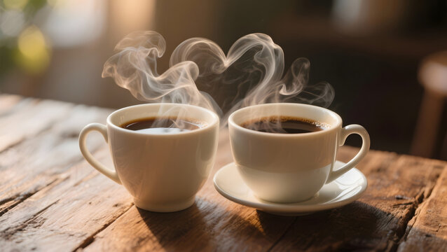 Two steaming cups of coffee on a rustic wooden table heart shaped steam