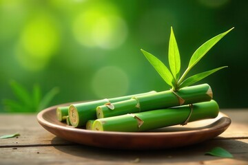 Serene Green Bamboo Shoots on a Wooden Dish, a Symbol of Natural Beauty and Tranquility