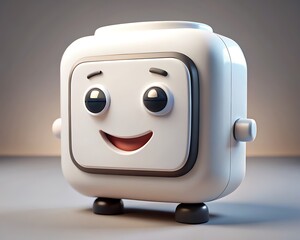 happy rounded square robot character on beige background