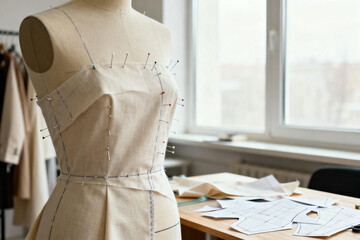 Anatomy of creation, a dressmaker's canvas mannequin in a workshop, ready for the next step, a testament to the art of design.