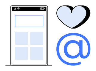 Smartphone screen with app layout beside heart and at sign symbol. Ideal for digital communication, relationships, online interaction, networking, virtual love, technology, simple flat metaphor