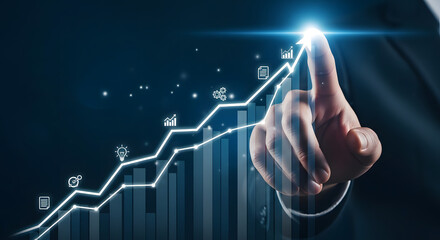 Hand points to upward trending financial graph with digital icons