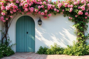 A serene scene of a charming teal door framed by vibrant pink climbing roses and lush greenery, bathed in sunlight against a white wall