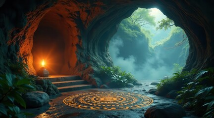 Enigmatic Cave Entrance with Glowing Symbol and Ancient Steps Leading to a Mystical Forest Stream