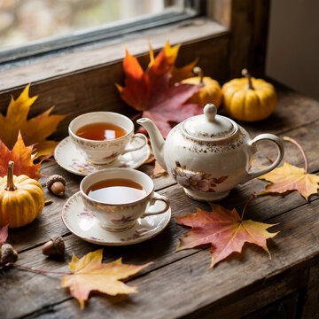 El ritual del oto&ntilde;o: Dos tazas de t&eacute; y una tetera vintage rodeadas de hojas de arce y minicalabazas