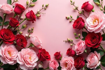 Romantic Floral Frame of Delicate Pink and Vibrant Red Roses on a Soft Pink Background
