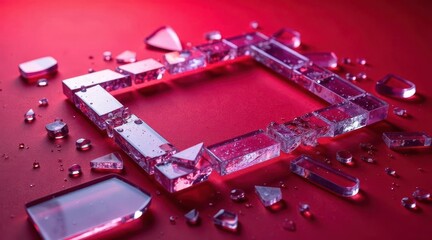 Shattered Glass Frame Abstract Composition of Broken Crystal Fragments on Crimson Surface