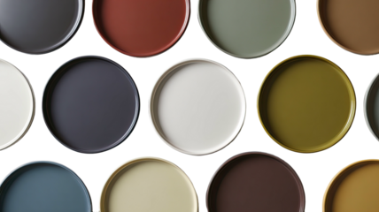 Circular swatches of varied muted, earthy-tone paints