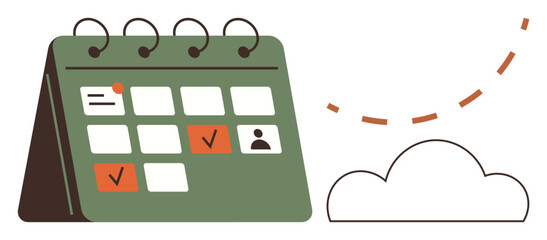 Green desk calendar with a cloud, marked dates, and user profile for planning and productivity. Ideal for time management, scheduling, deadline tracking, appointments, organization, reminders