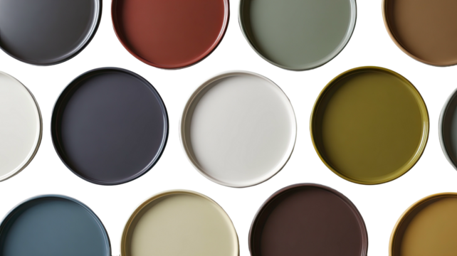Circular swatches of varied muted, earthy-tone paints