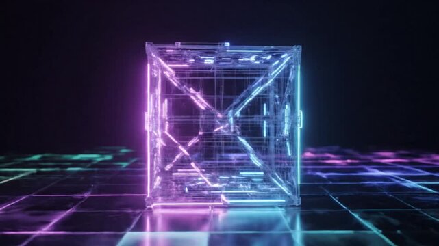 A glowing hypercube structure of intricate wireframe design, pulsating with vibrant neon pink and blue light on a digital grid floor