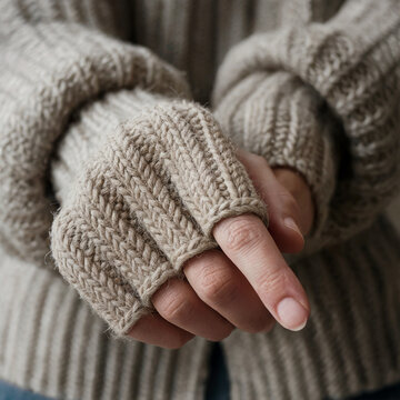 Calidez Texturizada: Guantes de lana sin dedos y un su&eacute;ter acogedor en tonos neutros para el invierno