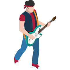 Pixel Art Musician Playing Electric Guitar With Red Headband And Blue Jeans In Casual Outfit On Transparent Background Isometric View