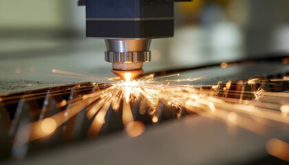 laser machine worker cutting metal with sparks