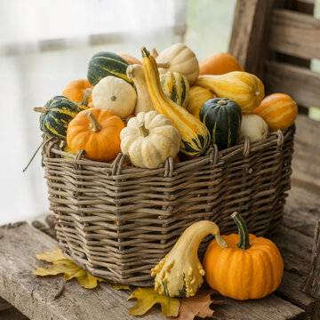 Abundancia de oto&ntilde;o: Una cesta de mimbre desbordante de calabazas y calabacines variados sobre una silla r&uacute;stica