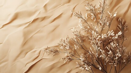 Dried wheat branches are beautifully displayed over tan fabric folds in studio lighting