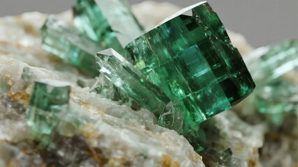 Emerald green crystals growing on a mineral matrix