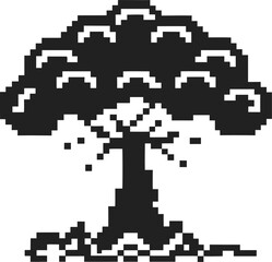 Fototapeta premium Pixelated explosion mushroom cloud, retro 8 bit nuclear blast icon for digital art and video game graphics