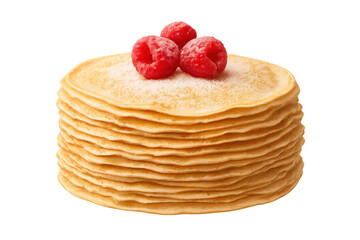 Stacked pancakes or crepes with fresh raspberries and powdered sugar, creating a delicious dessert or breakfast