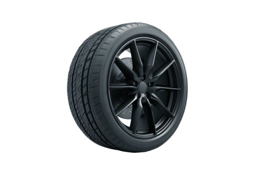 Dark car tire with black rim, isolated on black background