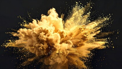 A burst of golden powder erupts outwards against a dark background, creating dynamic visual