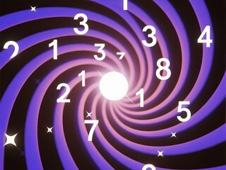 Spiral pattern with glowing numbers and stars on a purple background