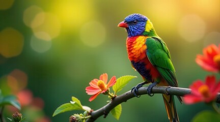 Obraz premium A vibrant rainbow lorikeet perched on a branch amidst blossoming flowers, bathed in the warm glow of sunlight, a picturesque scene of nature's beauty