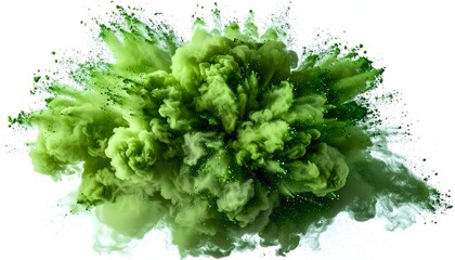 Green powder exploding in midair against a white background, creating a cloud