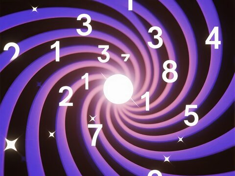 Spiral pattern with glowing numbers and stars on a purple background
