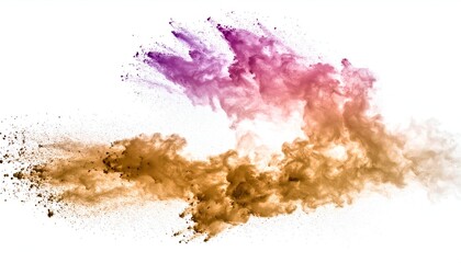 Explosive burst of colored powder, swirling with pink, purple, and brown hues on white