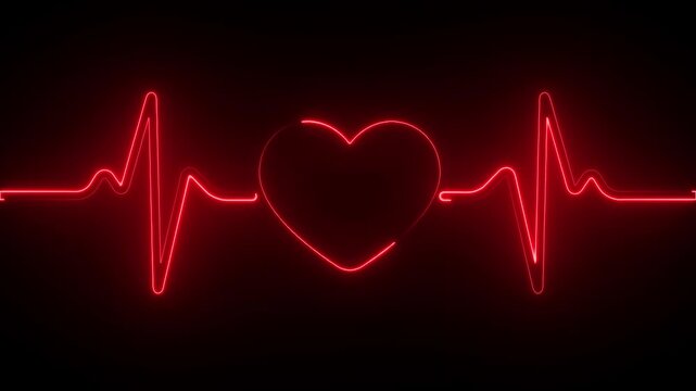 Red neon electrocardiogram waveform with heart shape on black background heartbeat - Powered by Adobe
