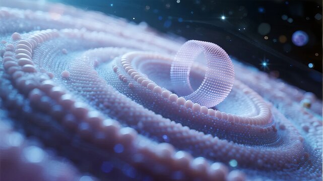 Abstract spiral structure composed of glowing particles with a toroidal ring at its center, set against a cosmic background - Powered by Adobe