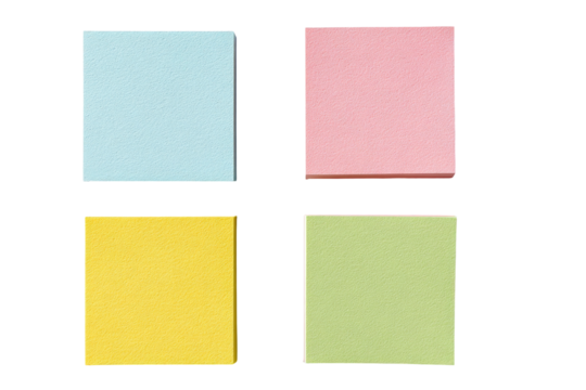 Four pastel square paper notes on black background