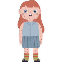 Pixel Art Of A Young Girl With Red Spots All Over Her Face And Arms Wearing A Blue Collared Shirt And A Pleated Skirt With Striped Socks