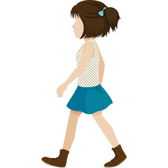 Pixel art of a young girl with brown hair in a ponytail wearing a polka dot tank top and a blue skirt walking with brown boots against a transparent white background
