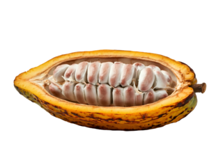 Cocoa Pod A cross-section revealing the seeds, isolated on a clean white background