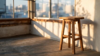 Rustic wooden stool in sunny urban loft with cityscape view through window warm sunlight and shadows on interior wall and floor - Powered by Adobe