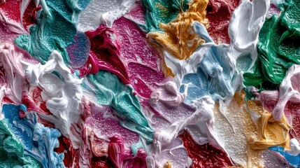 A textured abstract background created by thick, impasto strokes of vibrant oil paint in various colors.