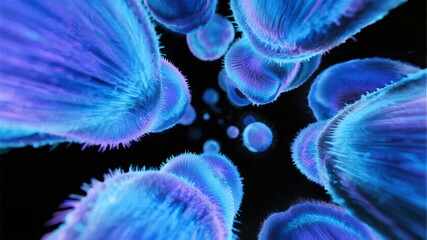 Abstract blue and purple cellular structures with glowing edges against a dark background