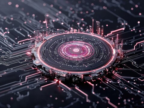 A detailed view of a circular, multi-layered processor with intricate pink glowing lines and dots on a dark circuit board. - Powered by Adobe